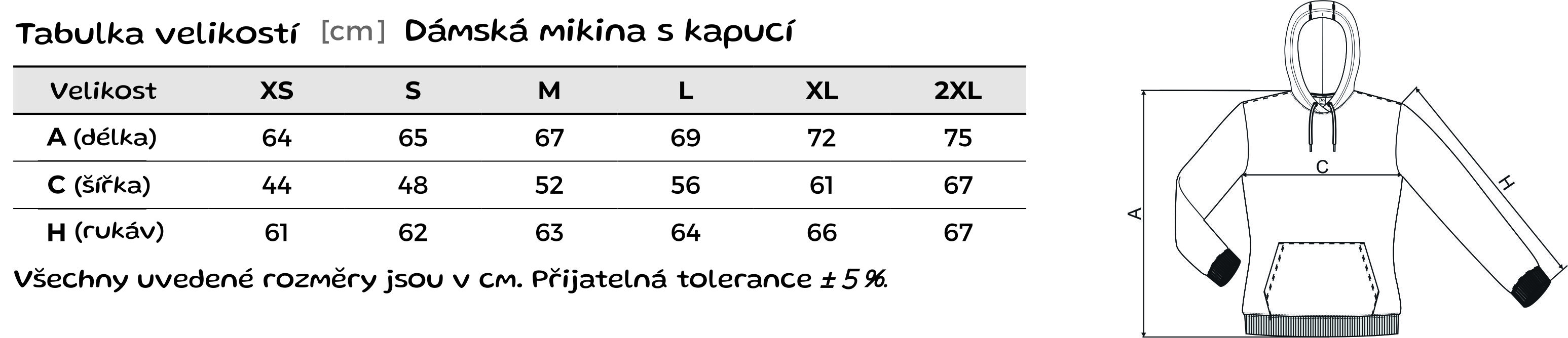 Dámská mikina Cape s kapucí - velikostní tabulka